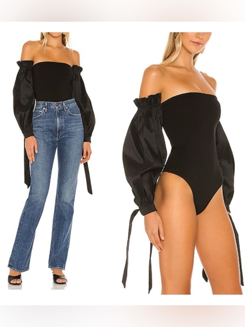 MAJORELLE Black Off-Shoulder Puff Sleeve Bodysuit